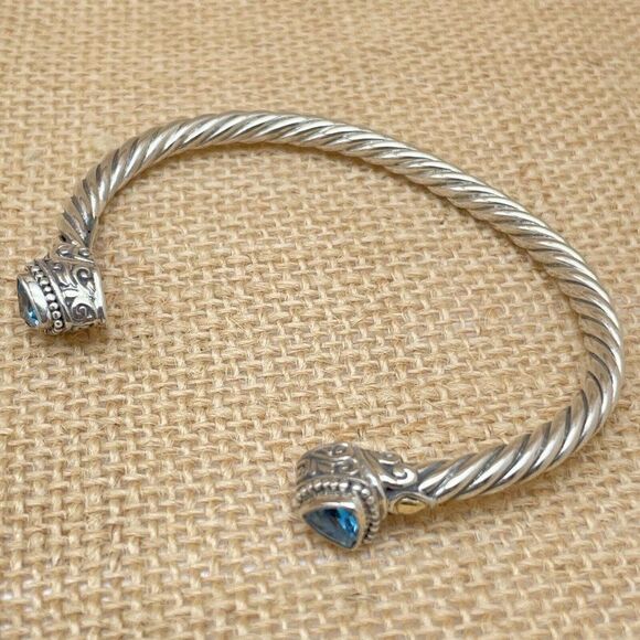 Bali Designs Blue Topaz Cuff Bracelet Trillion Cut Sterling Silver 18K Gold 6.75 - Picture 4 of 15